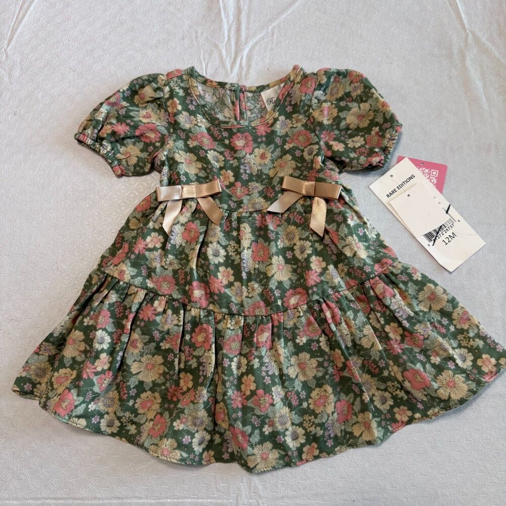 Rare Editions 2pc Sage Floral Tiered Dress & Bloomer Set 12M NWT